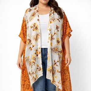 Nicole Miller New York Sheer Kimono Duster Orange Paisley Floral NWT One Size